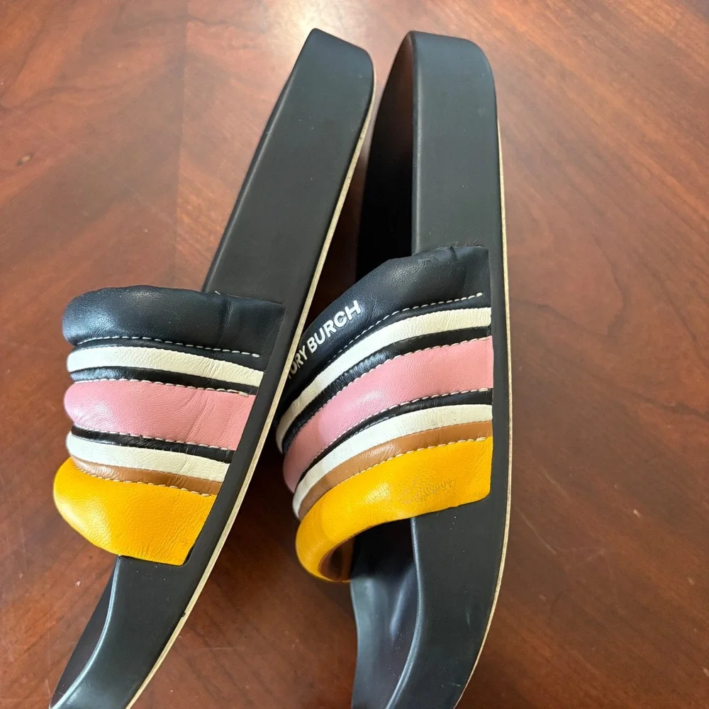 Tory Burch Slides Sandals 9 Striped Rainbow Padded Leather Sporty Slip On Womens